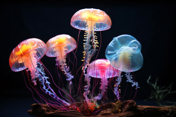Obraz premium Bioluminescent Jellyfish Light Up the Night. A Magical and Surreal Sight
