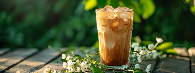 a glass of cold delicious coffee, against the background of nature