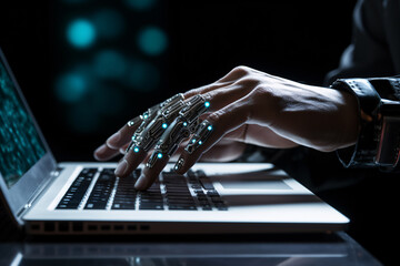 Robot Hand Typing on Laptop: A Futuristic Concept - obrazy, fototapety, plakaty