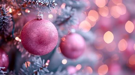 pink christmas baubles with golden ornaments. generative ai
