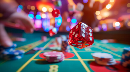 Casino dice rolling on gaming table with chips in bokeh.
