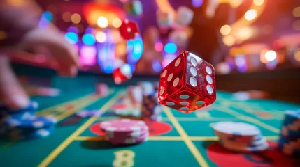 Fotobehang Casino dice rolling on gaming table with chips in bokeh.  © henjon