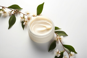 White cosmetic jar, herbal flowers and blank space for text, concept of the essence of natural cosmetics