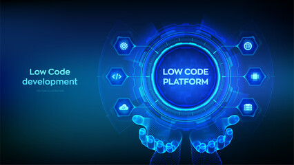 Low code platform and No Code development technology concept in wireframe hands. LCDP and NCDP - software development using graphical interfaces. Vector illustration.