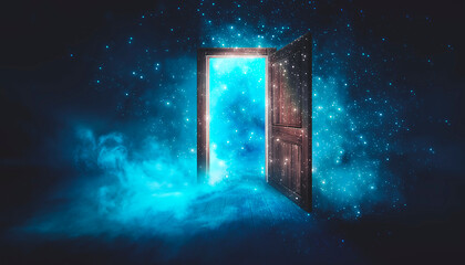 Open magical doors in a dark room. Fantasy abstract magical background with a portal, glow, smoke, smog. 