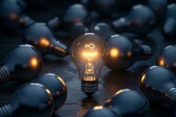 Lightbulb Glowing Among Shutdown Light Bulbs in Dark Area with Copy Space