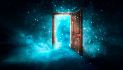 Open magical doors in a dark room. Fantasy abstract magical background with a portal, glow, smoke, smog. 