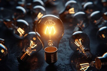 Lightbulb Glowing Among Shutdown Light Bulbs in Dark Area with Copy Space