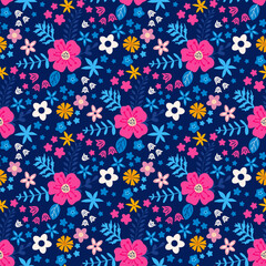Seamless bright contrast multicolored floral pattern with flowers and leaves