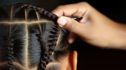 Woman hairdresser weaves girl black dreadlocks. Close up of braiding process. Generative AI
