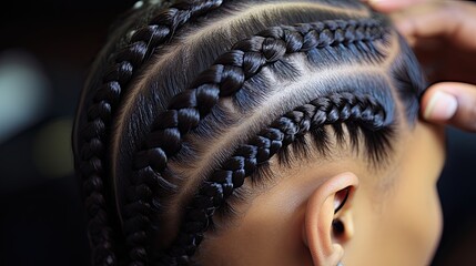 Woman hairdresser weaves girl black dreadlocks. Close up of braiding process. Generative AI	 - obrazy, fototapety, plakaty