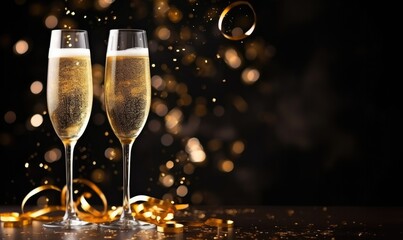 Party invite and celebration two Champagne glasses with gold glitter vip premium black background