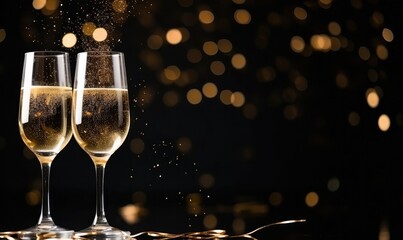 Party invite and celebration two Champagne glasses with gold glitter vip premium black background - obrazy, fototapety, plakaty