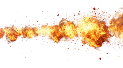 Intense flames consuming a space, vibrant and dynamic with flying sparks, isolated on white background