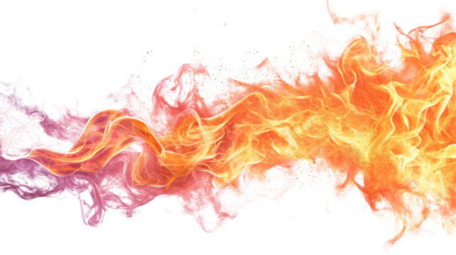 Intense flames consuming a space, vibrant and dynamic with flying sparks, isolated on white background