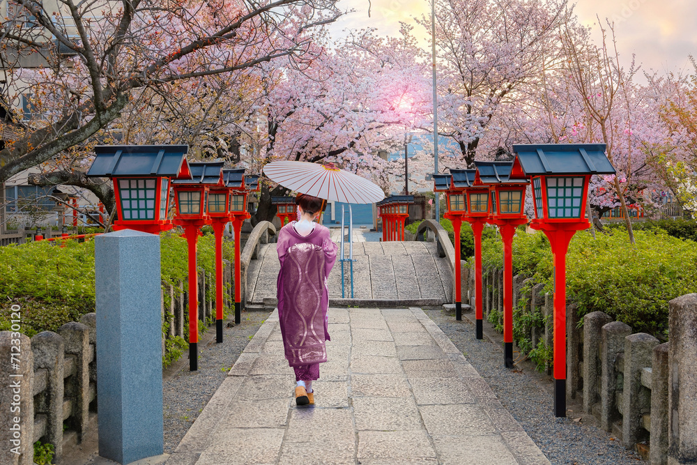 Sticker young japanese woman in a traditional kimono dress strolls by rokusonno shrine during full bloom sak