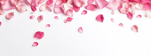 A banner design with red flower petals gathered at the top of a white background. - obrazy, fototapety, plakaty