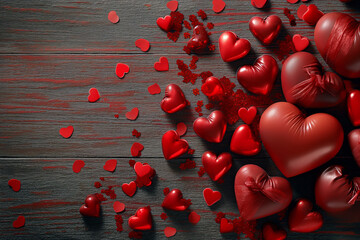 a bunch of red heart shaped candies on a wooden surface with red confetti scattered on top. - Powered by Adobe