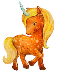 Cute Unicorn Watercolor Hand Painting on Isolated White Background