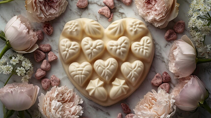 An artistic flat lay composition featuring a variety of exquisite white chocolates arranged in a heart shape, surrounded by fresh blooms, capturing the essence of sweetness and ele
