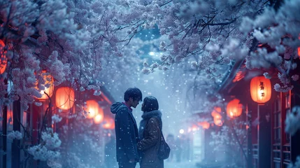 Fotobehang An atmospheric photograph of a couple sharing a tender moment under a canopy of white cherry blossoms, capturing the fleeting beauty of spring and the romance associated with White © Наталья Евтехова
