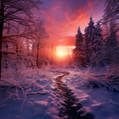 Sunset in the snowy forest