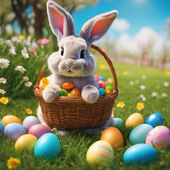 easter bunny in a basket with eggs