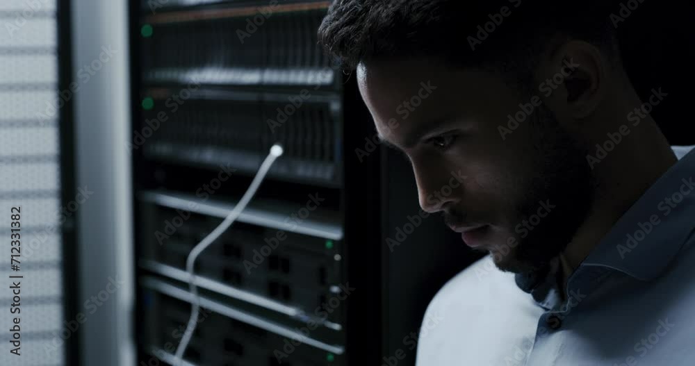 Aufkleber Technician, server room and typing on laptop for system maintenance, hardware or software backup in cybersecurity. Man or programmer on computer for engineering, coding and programming in data center