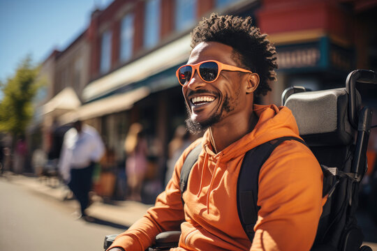 Portrait of smiling African American man in wheelchair in city outdoors