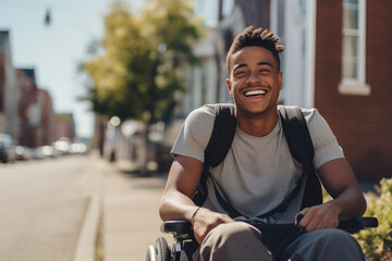Positive and happy African American guy with a disability embraces the outdoors in wheelchair
