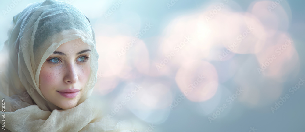 Poster a muslim woman in a hijab headscarf on a beautiful blurred background. a banner with an empty space 