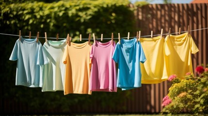 Children's T-shirts drying outside. Neural network AI generated art