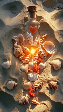 A beach-themed Valentine's arrangement on sandy texture, shells arranged in heart shapes, red coral pieces and a message in a bottle. Vertical orientation. 