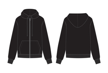 Vector fashion technical drawing of a hooded jacket with front and back view. Silver metal zipper. Front pocket. Rib at cuff and bottom area. Knit fabric.