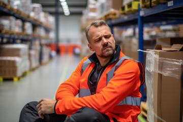 Warehouse Employee Struggles with Back Pain. The Reality of Manual Labor. - obrazy, fototapety, plakaty