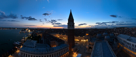 Venice panoramic cityscape landmark at sunset or night, aerial view of Piazza San Marco - obrazy, fototapety, plakaty