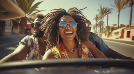 Funny African American friends with glasses in a convertible car traveling the world - obrazy, fototapety, plakaty