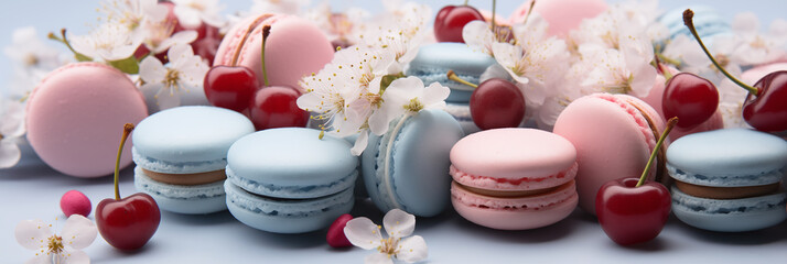 Colorful french desserts with spring flowers and cherry, top view, flat lay. Cake macaroons on plain background, colorful almond cookies, spring flowers, pastel colors. Banner. Flat lay, top view