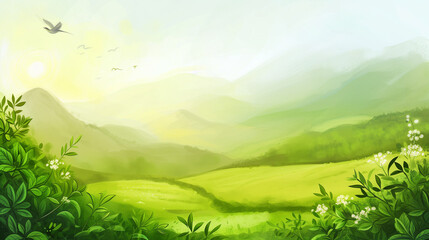 Fototapeta premium Green tea plantation landscape. Rural farmland fields, Terraced farmer, hills with greenery and mountain on horizon