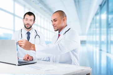 Doctors teamwork, do medical research in wellness hospital.