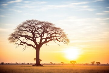 acacia tree silhouette with a setting sun in savanna