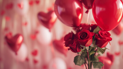 Red roses in vase, balloons heart in white minimalistic empty room. Copy space. Concept of Valentine's Day