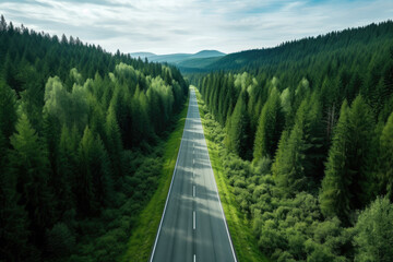 Aerial view of asphalt road and green forest, Beautiful fresh green natural scenery of hilltop. Healthy environment. Natural landscape.