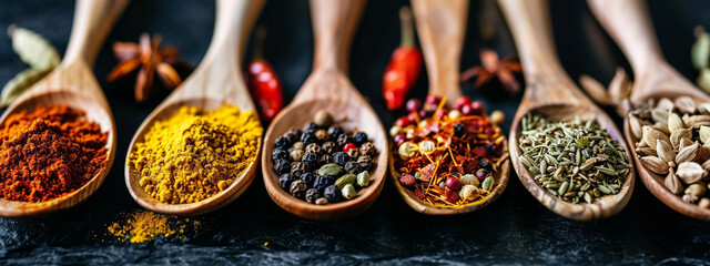 Assortment of spices and dry herbs. selective focus. Generative AI,