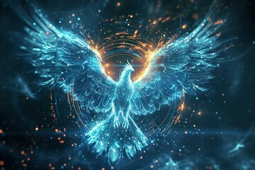 The outline of a blue phoenix, showcase interface cosmic background - obrazy, fototapety, plakaty