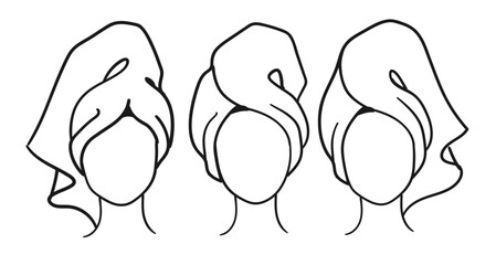 Vector illustration line art sketches of female faceless portraits wrapped with towel