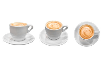 set of cups of coffee with milk on a saucer isolated on white background