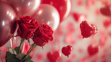 Fototapeta na wymiar Red roses in vase, balloons heart in white minimalistic empty room. Copy space. Concept of Valentine's Day