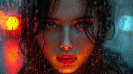 AI generated illustration of a portrait of a young woman in the rain in neon light