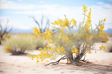 creosote bush with yellow flowers in a desert scene